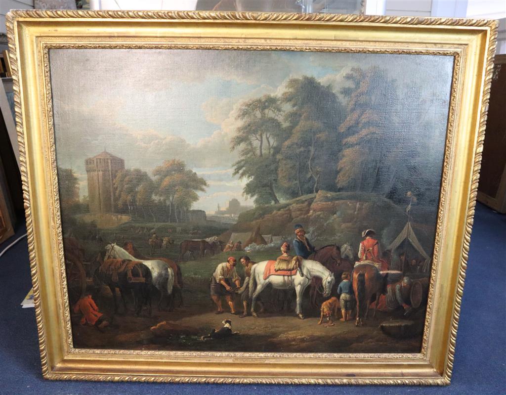 Attributed to Pieter van Bloemen (1657-1720) An encampment in an Italianate landscape 26.5 x 32in.